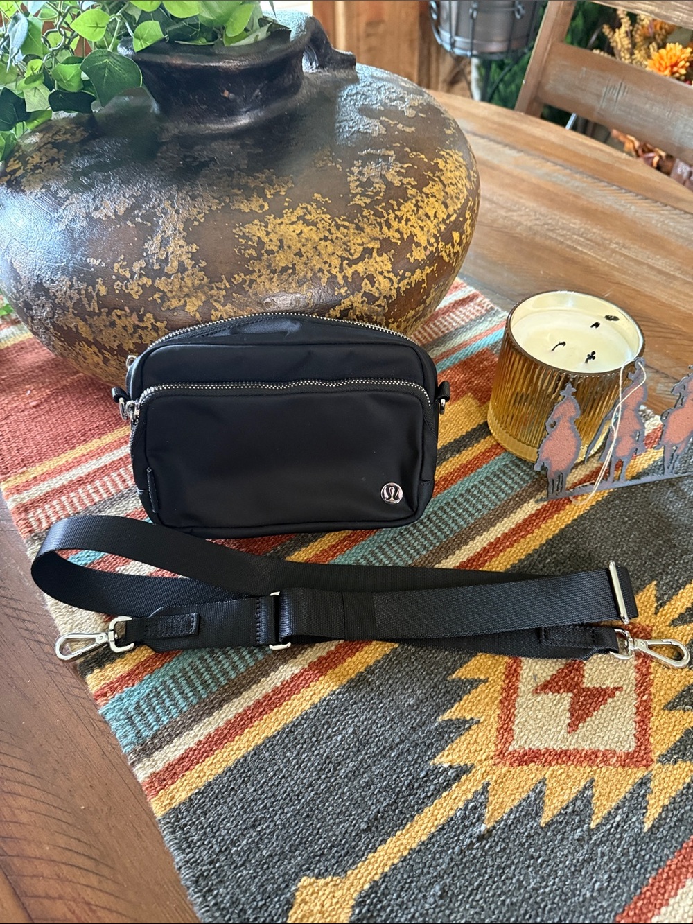 lululemon athletica Black Belt Bag with Silver Hardware